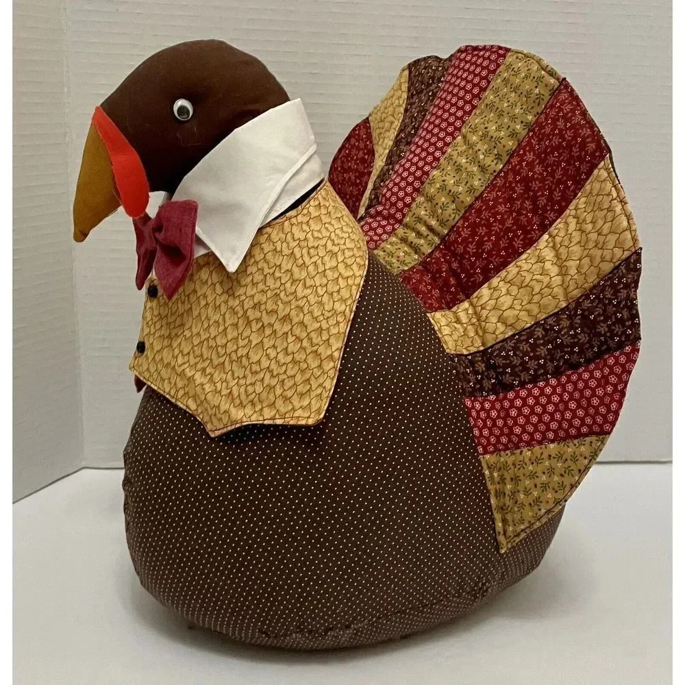 Vintage Turkey Stuffed Handmade Decor Fabric Thanksgiving Vest‎ Bow Tie Fall 13”